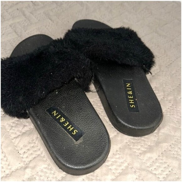 Shein Black Faux Fur Slides Womens Size 39 Casual Slip-On Sandals - Picture 2 of 5
